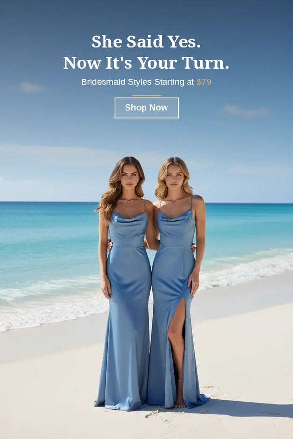 Two women in blue dresses standing on a beach with promotional text overlay.