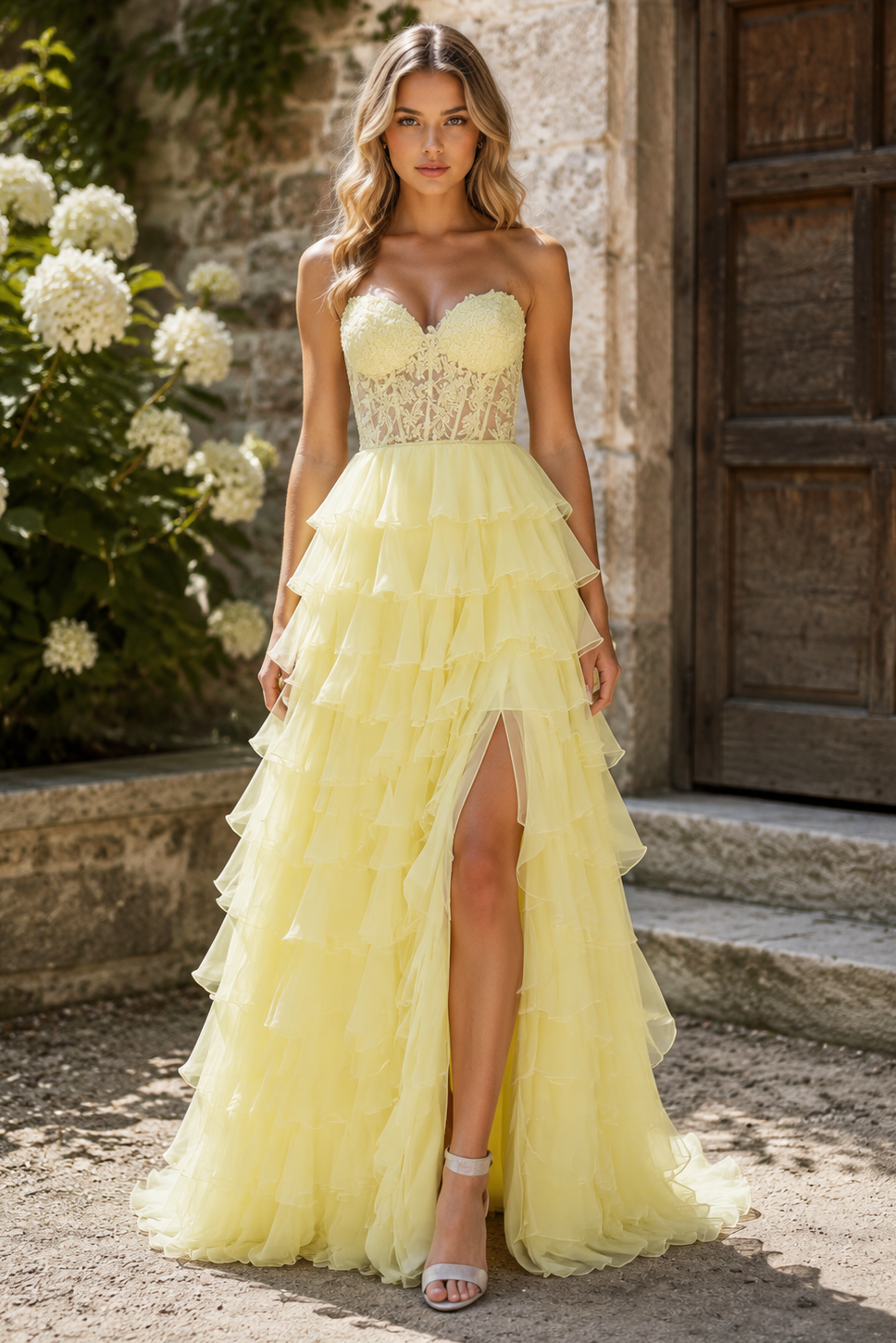 Sweetheart Strapless A-Line Appliques Tiered Party Prom Dress