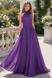 High Neck Sleeveless Open Back A-Line Bridesmaid Dress