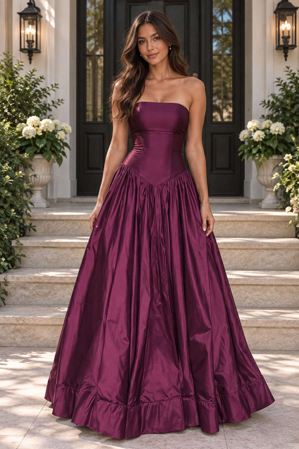 Chic Satin A-Line Strapless Long Party Prom Dress