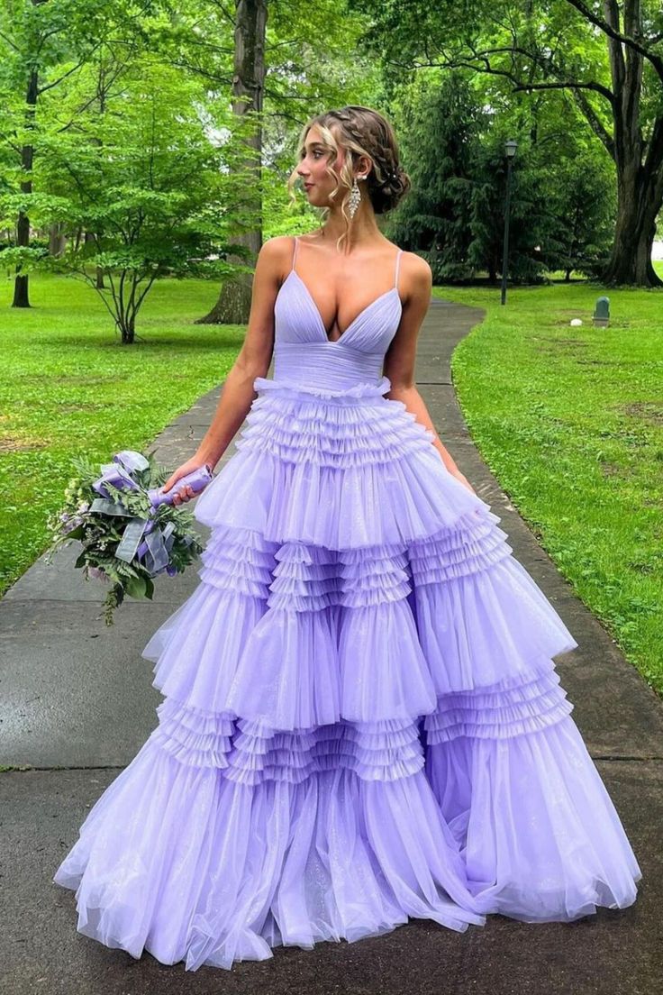 V-Neck Spaghetti Straps Empire With Side Slit Tulle A-Line Prom Dress