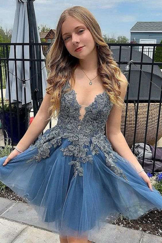 Grey Blue A Line Spaghetti Straps Tulle Short Homecoming Dress