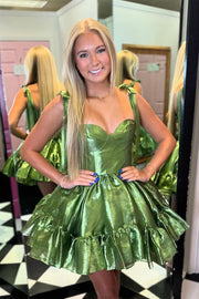 Green Straps A-line Satin Ruffle Mini Homecoming Dress