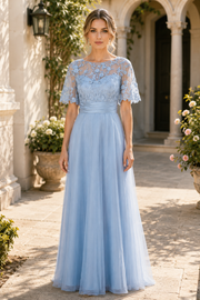 Blue Lace And Tulle A-Line Round Short Sleeves Mother Of The Bride Dress 