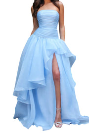 A-Line Strapless A-Line Tiered Party Prom Dress With Slit