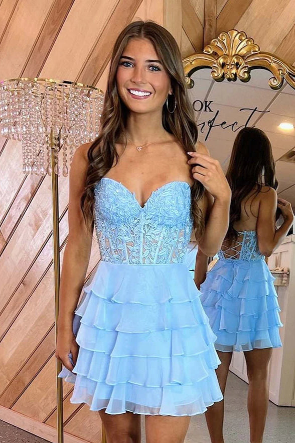 Strapless Blue Sheer Corset A-Line Ruffle Homecoming Dress Blue / Custom Size Strapless Blue Sheer Corset A-Line Ruffle Homecoming Dress Blue / Custom Size