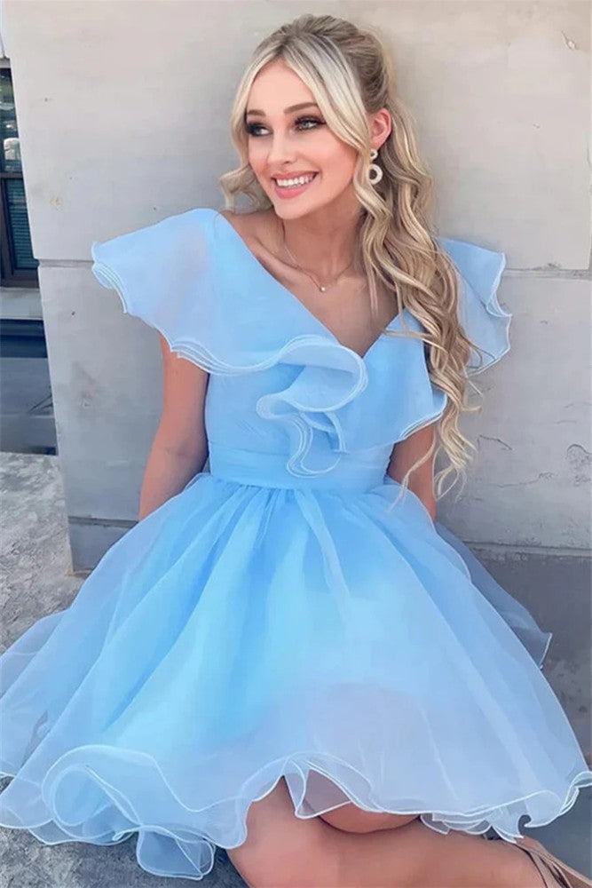 Blue A Line Cute Ruffles Cap Sleeve Prom Dress Homecoming Dress