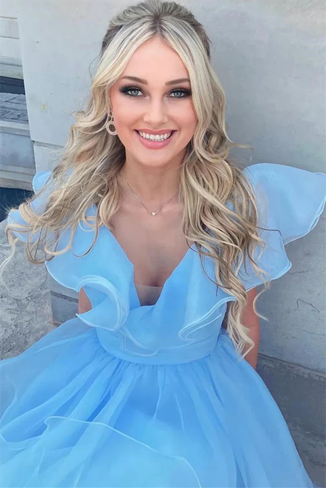 Blue A Line Cute Ruffles Cap Sleeve Prom Dress Homecoming Dress