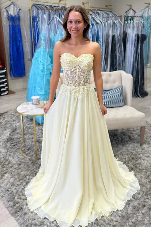 Lace And Chiffon Sweetheart Strapless A-Line Prom Party Dress