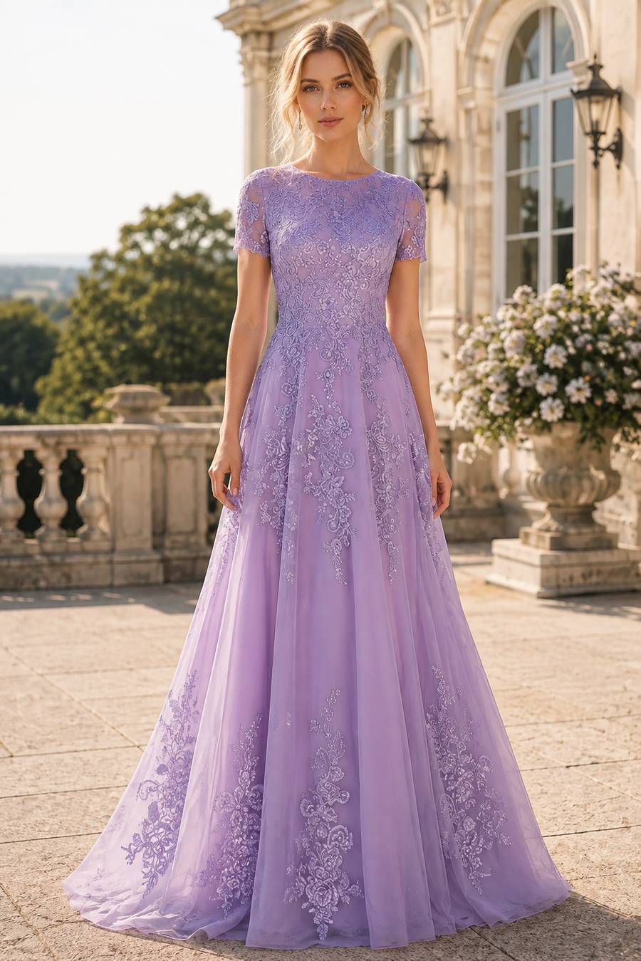 A-Line Round Short Sleeves Tulle And Appliques Mother Of The Bride Dress