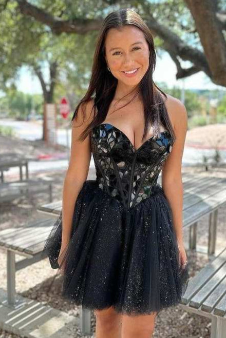 Sweetheart Black Mirror Glass A-line Short Princess Homecoming Dress Black / US 12