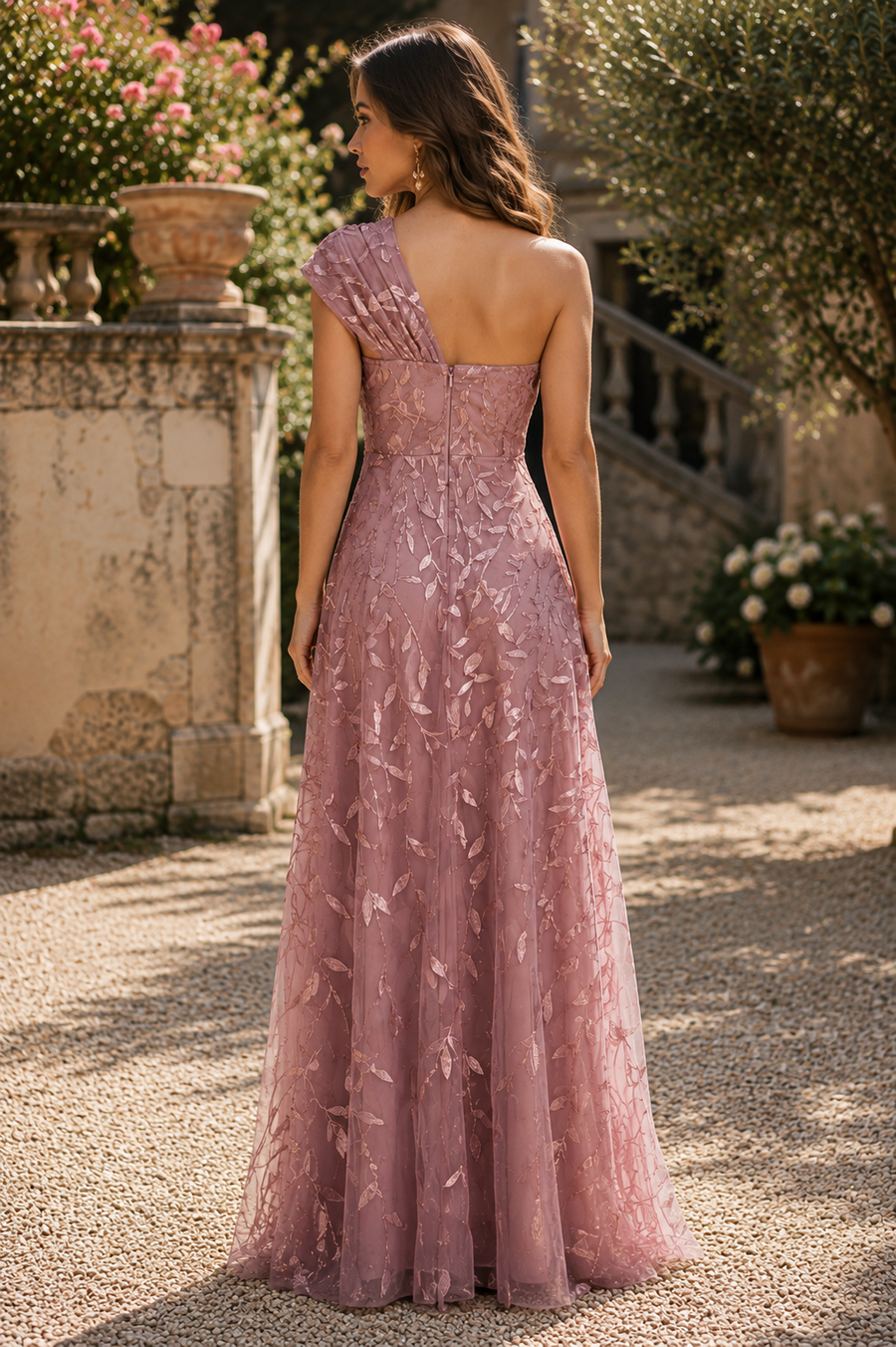 One Shoulder Lace Tulle A-Line Empire Long Mother Of The Bride Dress