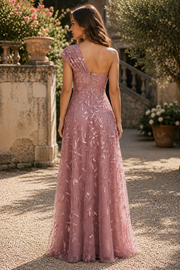 One Shoulder Lace Tulle A-Line Empire Long Mother Of The Bride Dress