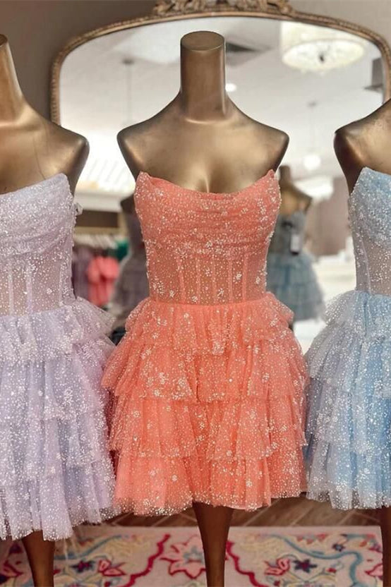 Lavender Strapless Dot Tulle Multi-Layers Homecoming Dress