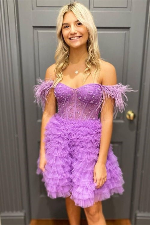 A Line Off the Shoulder Light Purple Short Homecoming Dress with Feather