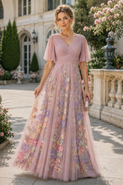 V-Neck Short Sleeves A-Line Chiffon And Floral Tulle Mother Of The Bride Dress 