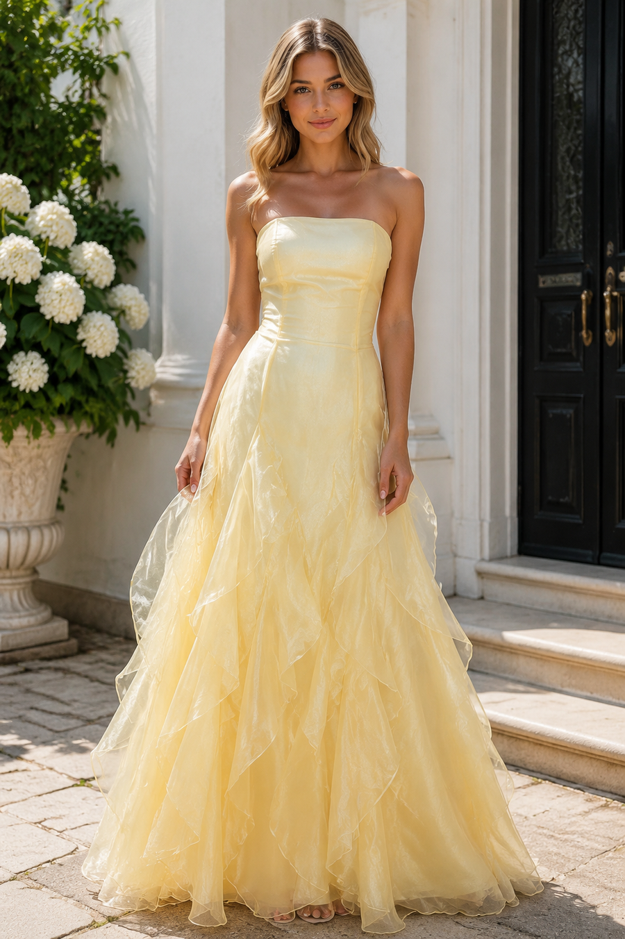 Yellow Strapless Empire Lace Up Ruffled Party Prom Dress
