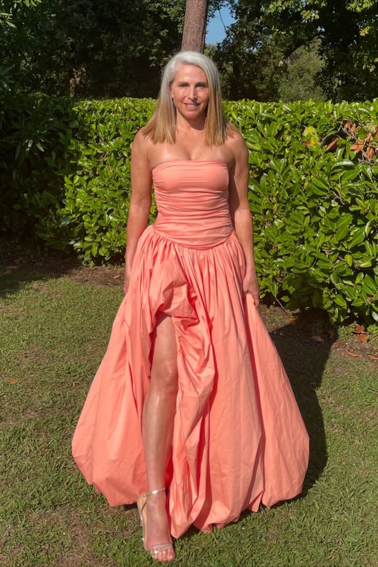 Satin A-Line Pleated Strapless Party Evening Dress With Slit