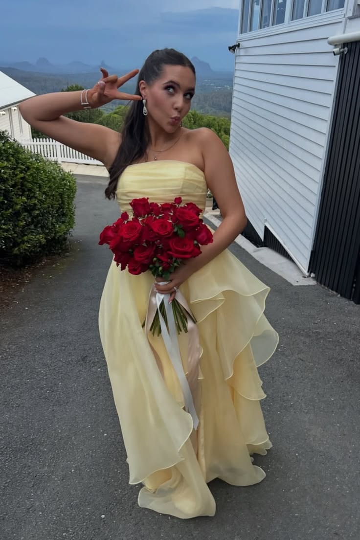 A-Line Strapless A-Line Tiered Party Prom Dress With Slit
