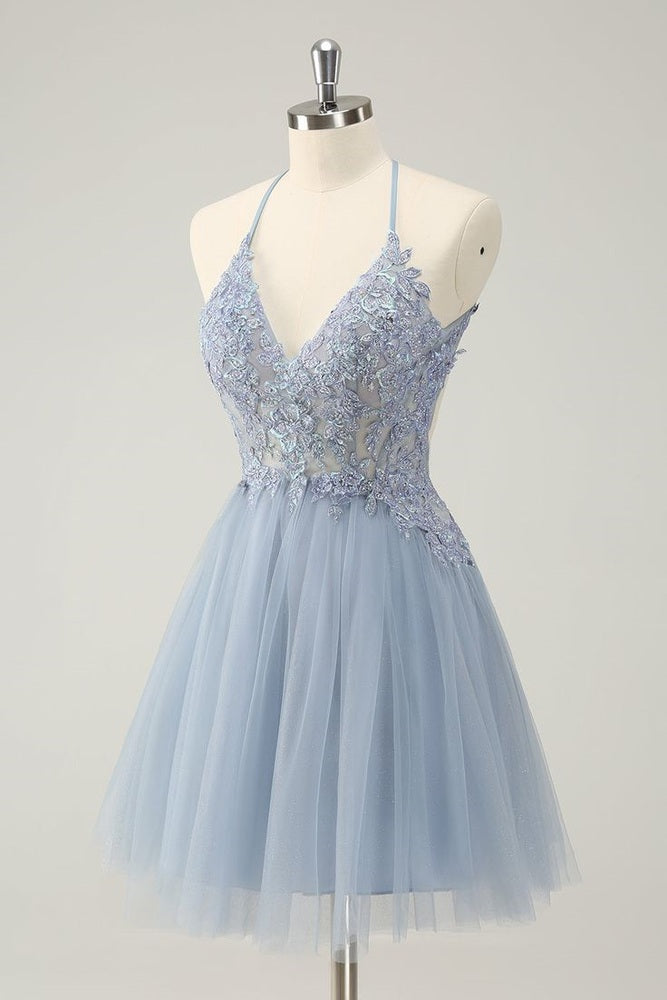 Sparkly Dusty Blue A Line Halter Homecoming Dress with Appliques