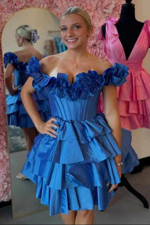 Blue Off-the-shoulder A-line Satin Appliques Mini Homecoming Dress | Joyofdress Blue Off-the-shoulder A-line Satin Appliques Mini Homecoming Dress | Joyofdress