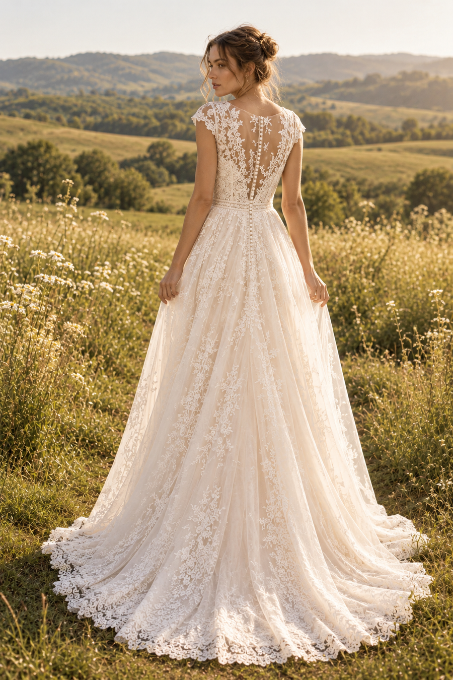 Classic V-Neck Cap Sleeves Lace Appliques Empire A-Line Wedding Dress