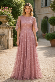 Pink Lace A-Line Round Shawl Floor-Length Mother Of The Bride Dress 