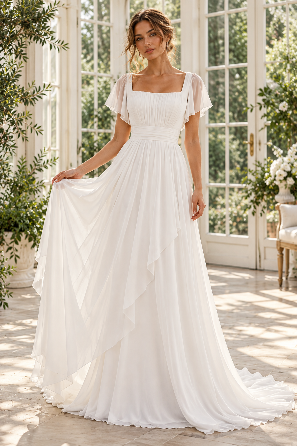 Square Short Sleeveless Empire Casual Chiffon Maxi Wedding Dress