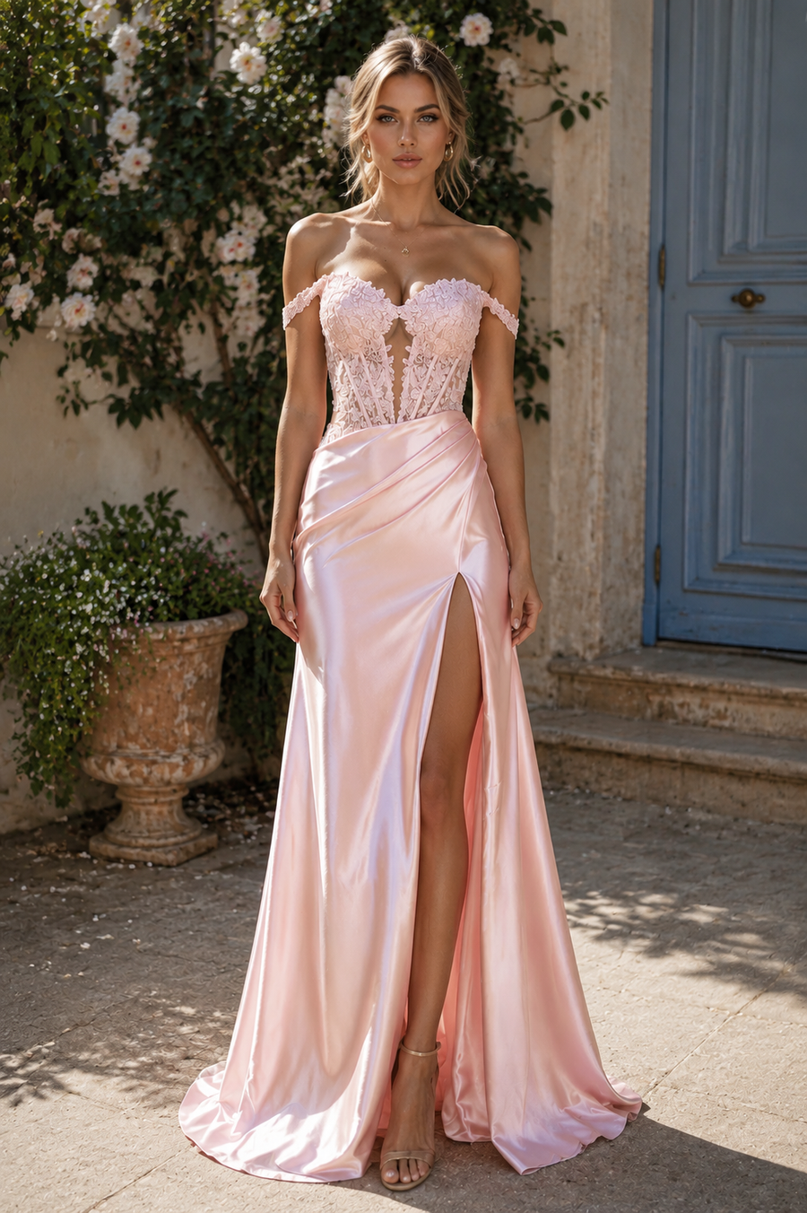 Pink Off-Shoulder Appliques Mermaid Prom Dress
