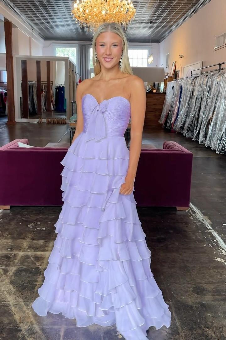Chiffon A-Line Sweetheart Strapless Tiered Formal Party Dress