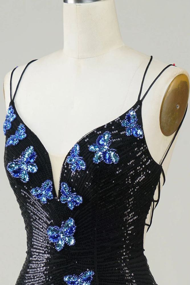 Black Glitter Tight Homecoming Dress With Sequins Butterflies