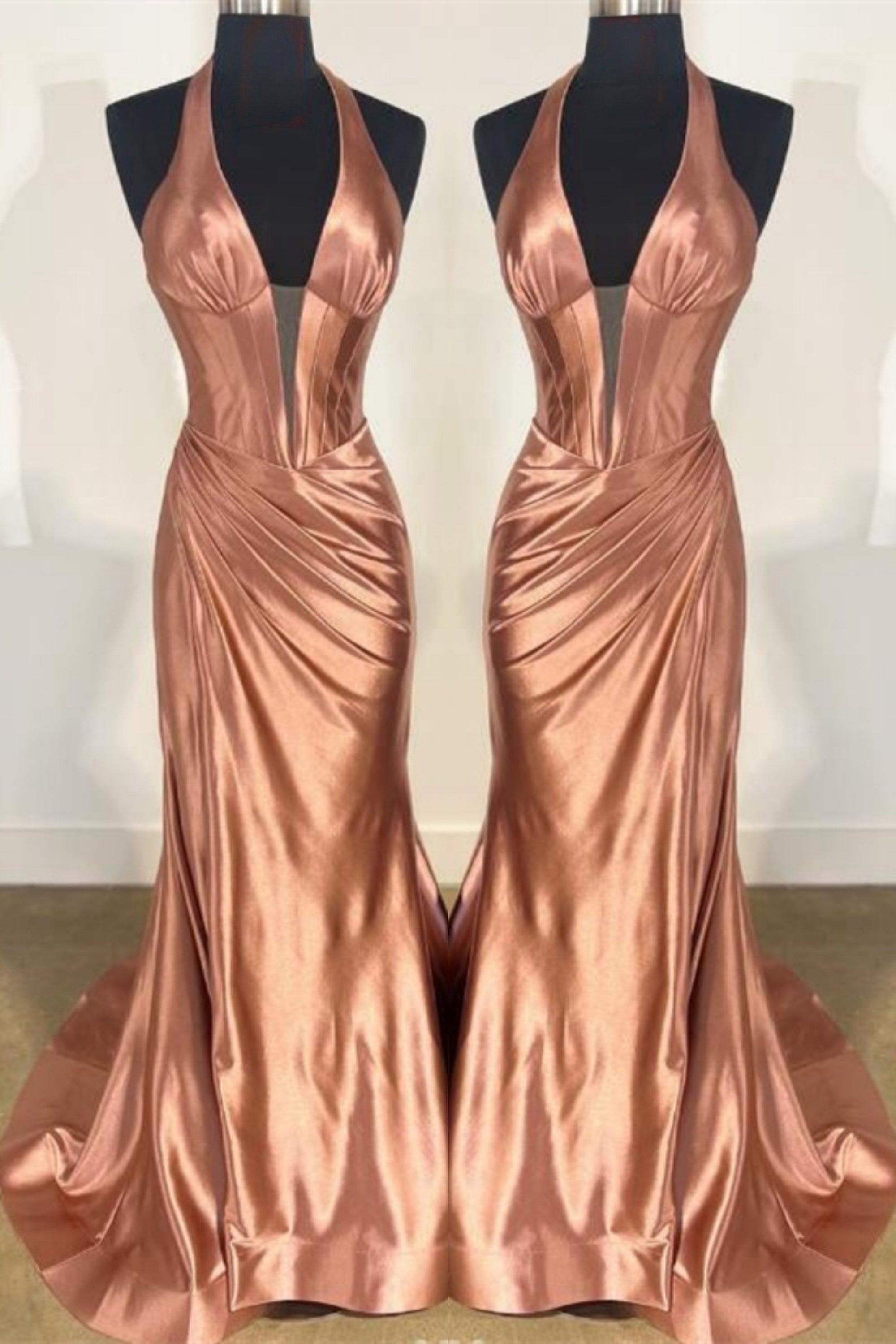 Dusty Pink Plunging V Halter Mermaid Long Prom Dress | Joyofdress Dusty Pink Plunging V Halter Mermaid Long Prom Dress | Joyofdress