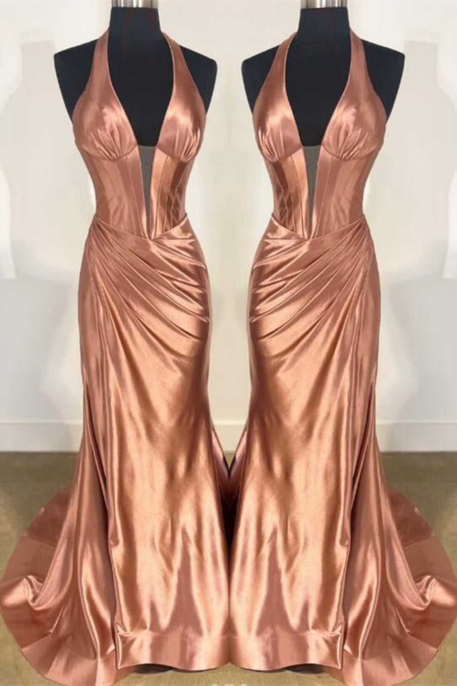 Dusty Pink Plunging V Halter Mermaid Long Prom Dress