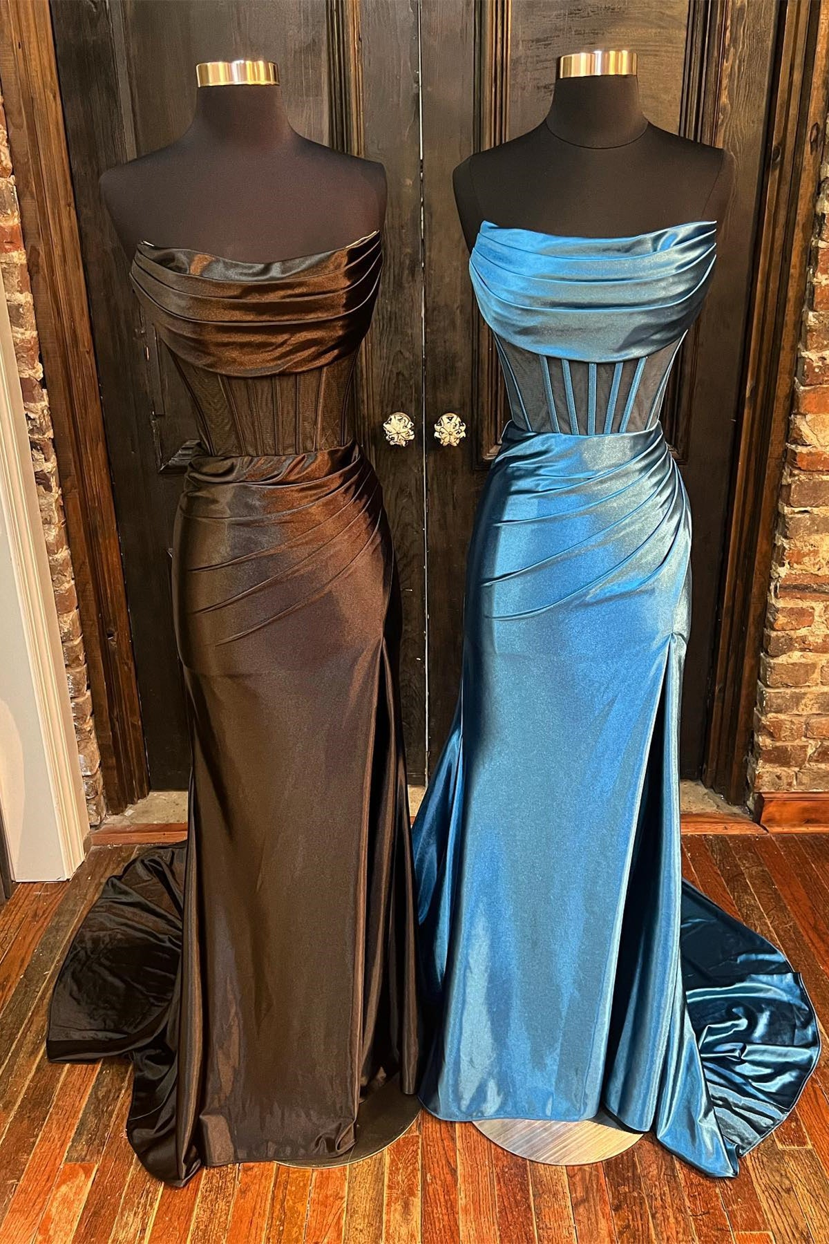 Blue Strapless Mermaid Boned Satin Long Prom Dress with Slit Black / US 8 Blue Strapless Mermaid Boned Satin Long Prom Dress with Slit Black / US 8