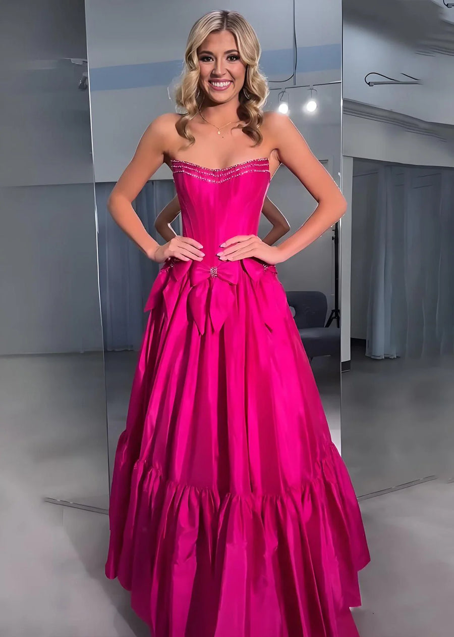 Satin A-Line Strapless Empire With Bows Prom Dress