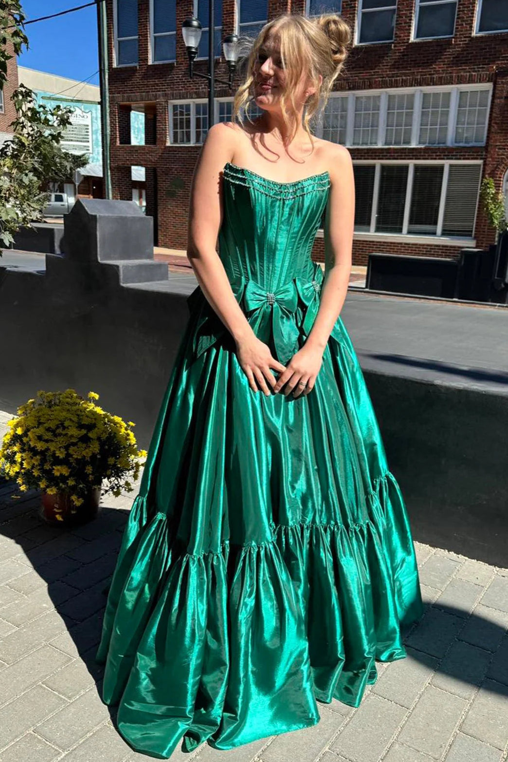 Satin A-Line Strapless Empire With Bows Prom Dress