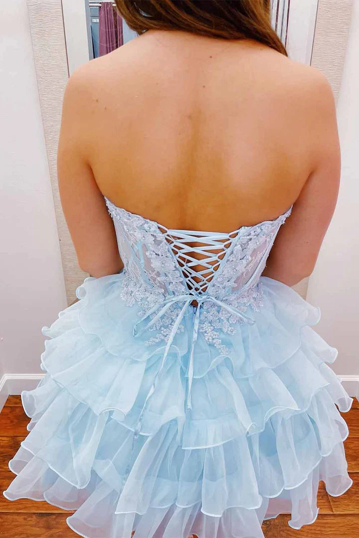 Tulle A-Line Sweetheart Strapless Appliques Sheer Homecoming Dress