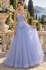 Sparkly A-Line Lace Appliques Tulle Strapless Party Prom Dress