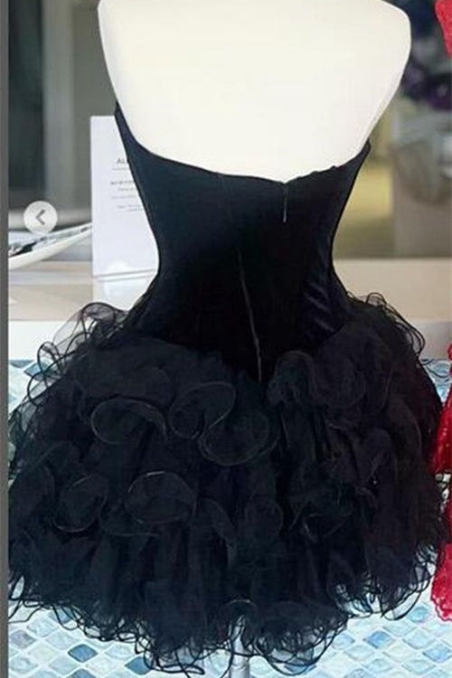 Black Strapless Velvet Corset Top and Ruffled Homecoming Dress