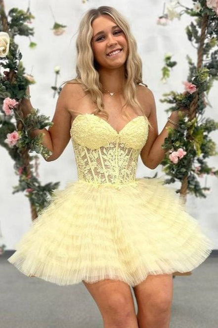 Yellow A-Line Ruffled Strapless Corset Homecoming Dress Yellow / Custom Size