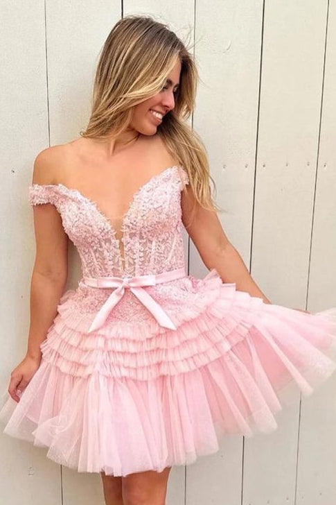 Off-the-Shoulder Bow Tiered Short Homecoming Dress with Ruffles