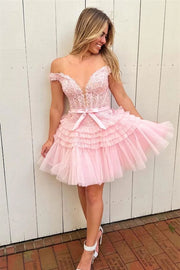 Off-the-Shoulder Bow Tiered Short Homecoming Dress with Ruffles