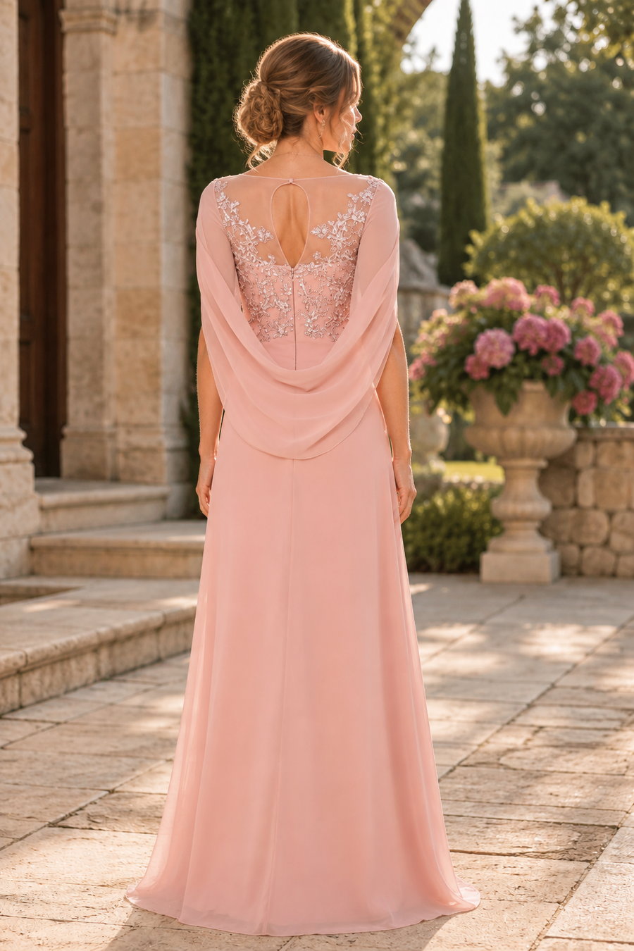 Pink Chiffon A-Line Scoop Shawl Lace Appliques Mother Of The Bride Dress