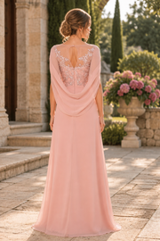 Pink Chiffon A-Line Scoop Shawl Lace Appliques Mother Of The Bride Dress