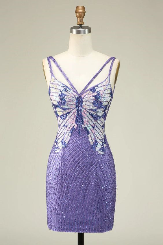 Sparkly Purple Sheath Sequins Short Homecoming Dress with Lace-Up Back Sexy