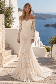Long Sleeves Off-Shoulder Mermaid Lace Boho Maxi Wedding Dress