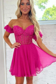 Lace Off the Shoulder A Line Homecoming Dress with Appliques