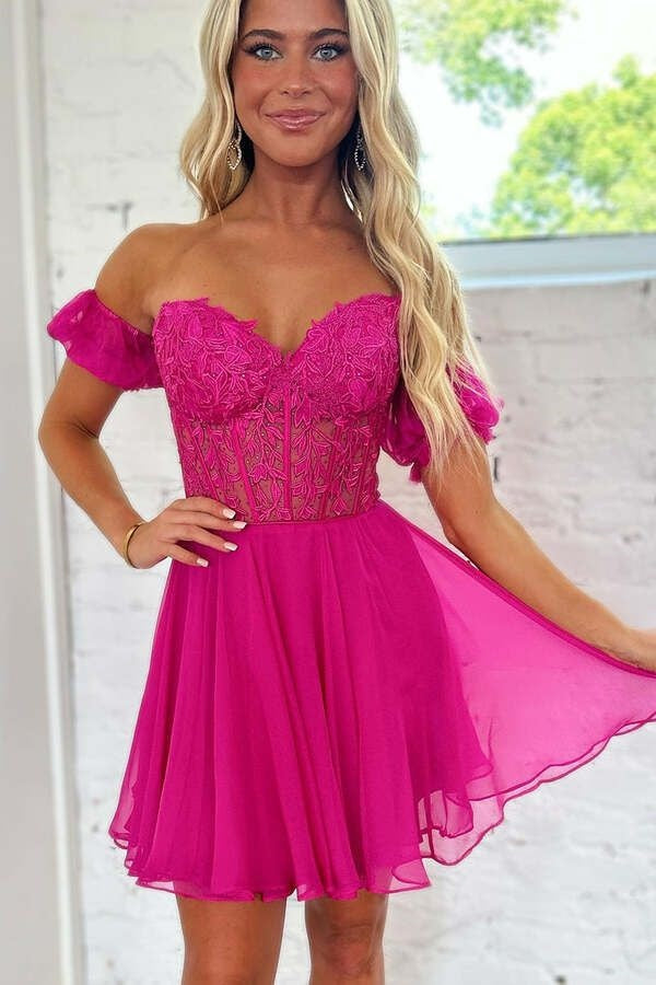 Lace Off the Shoulder A Line Homecoming Dress with Appliques