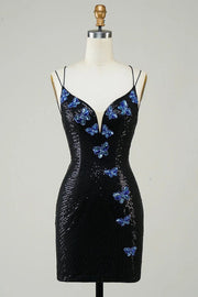 Black Glitter Tight Homecoming Dress With Sequins Butterflies