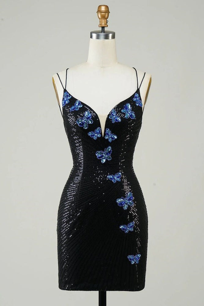 Black Glitter Tight Homecoming Dress With Sequins Butterflies